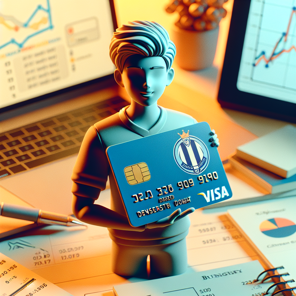 En moderne, stilisert bilde av en fotballfan som holder et Manchester United-merket Visa-kort, med budsjettnotater og laptop i bakgrunnen, varmt fargetone