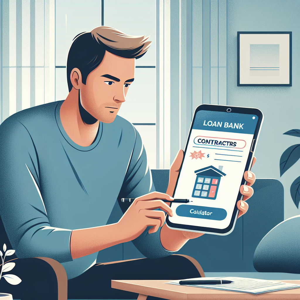 Moderne, rolig illustrasjon av digital bank: mobil med låneberegner, kontrakter, kalkulator og en person som vurderer økonomi hjemme