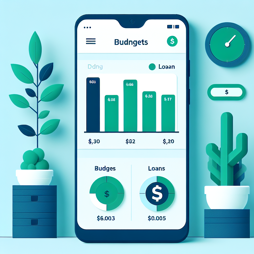 Moderne mobilskjerm som viser Motty-appens budsjetter og lånoversikt, minimalistisk flat design i blå og grønn farger