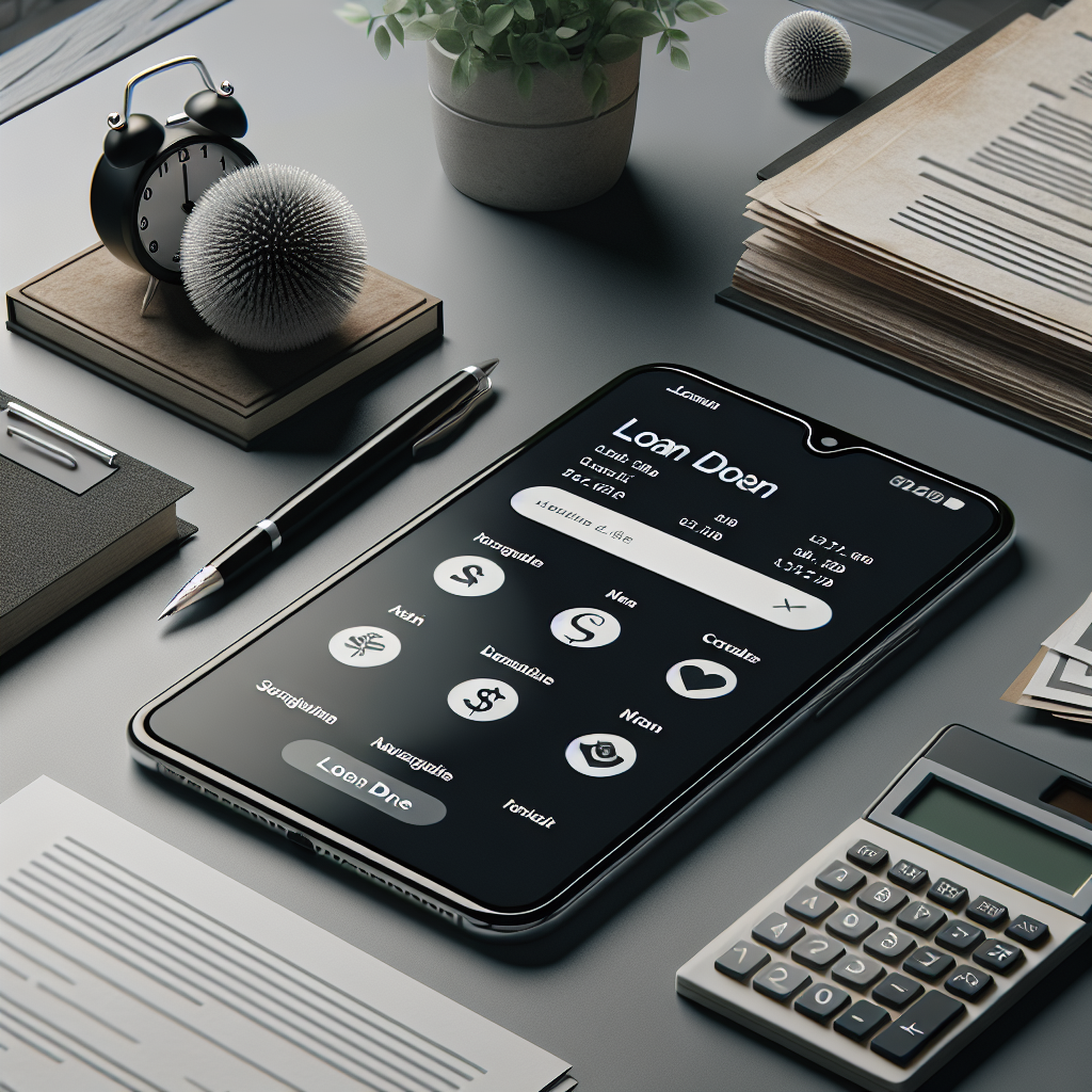 Moderne digital scene med en mobiltelefon som viser lånetilbud, kalkulator og dokumenter på et skrivebord i dempet nordisk stil